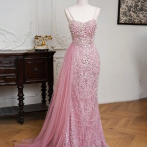 Pink Pearls Mermaid Prom Dresses with Side Train Sexy Slim Evening Party Dress for Wedding Arabic Dubai Luxury Prom Dress