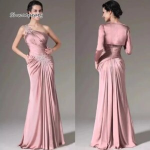 Elegant One Shoulder Mother Of The Bride Dress With Jacket Pleats Pink Wedding Guest Gown 2025 Customized Groom Mom Formal Wear