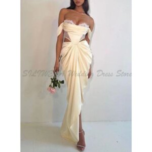 Pretty Off The Shoulder Evening Dresses Women Mermaid Strapless Sleeveless Ankle Length Cut Out Marry Banquet Party Prom Gowns