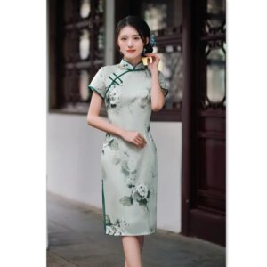 Acetate Jacquard Mid-Length Short Sleeve Robe Qi Pao Spring and Summer New Retro Chinese Style Women’s plus Size Cheongsam Skirt
