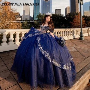EVLAST Customized Glitter Navy Blue Quinceanera Dress Ball Gown Lace Applique Beading Bow Sweet 16 Vestidos De 15 Anos E3Q718