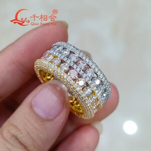Double Color Yellow And Silver 11.8mm Full Moissanite Ring with round Brilliant Diamonds – Engagement Wedding Jewelryr Men Women