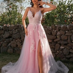 Customized Elegant Tulle V-Neck Straps Appliques Pink Side Split A-Line Evening Dresses For Women 2025 Prom Dresses Party Dress