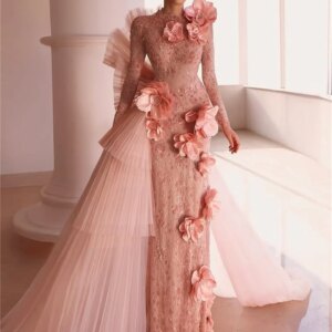 Princess 3D Flowers Prom Dress Arabic Dubai Formal Ruffles Skirt Long Sleeves Evening Dresses Engagement Party Gowns Customized