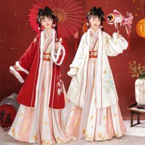 Hanfu women Chinese style round neck warm new gown on the front stand collar skirt suit