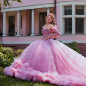 Customized Pink Off Shoulder Quinceanera Dress Lace sequin applique crystal layering feather trailing vestidos de 15 Quinceanera
