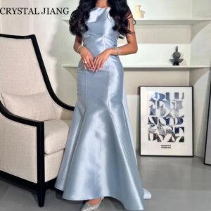 Classic Long Blue Satin Prom Dresses Sleeveless with 3D Flowers Mermaid Sweep Train Vestido De Festa