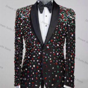 Colorful Beaded Men Suit Pants Set 2 Piece Blazer+Trousers Customized Formal Office Jacket Groom Wedding Tuxedos Prom Coat