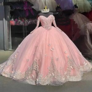 Customized Glittering Pink Quinceanera Dresses Off-Shoulder Long Sleeves Butterfly Appliques Princess Birthday Party Vestidos