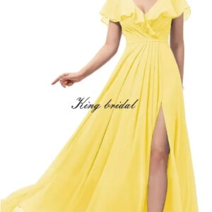 Ruffle Chiffon Formal Evening Gowns Wedding Party Dress Custom Made Simple Women’s Long V Neck Bridesmaid Dresses with Slit