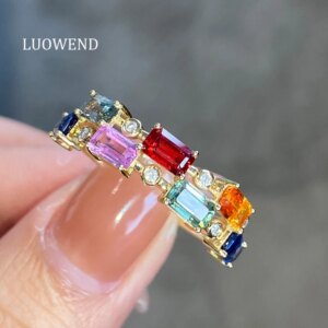 LUOWEND 100% 18K Yellow Gold Rings Elegant Rainbow Design Natural Color Sapphire Engagement Ring for Women High Wedding Jewelry