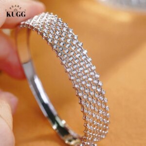 KUGG 100% 18K White Gold Bangle Luxury 1.3carat Real Natural Diamond Wide Bangle for Women Elegant Shiny Style Party Jewelry