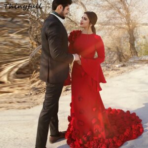 Thinyfull Mermaid Satin Muslim Prom Dresses O-Neck Long Sleeves 3D Flowers Evening Gown Formal Dress Robe De Soirée Customized
