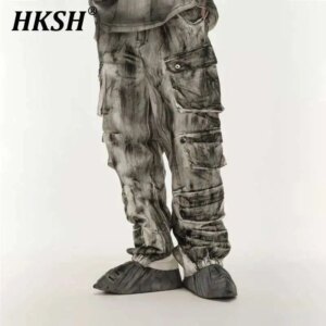 HKSH Spring Autumn Winter New Men’s Tide Ink Vintage Adjustable Wide Leg Pants Casual Multi Pockets Safari Style Overalls HK3938