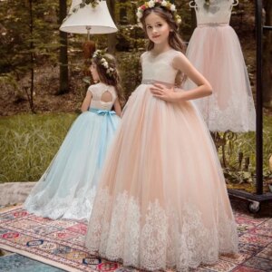 Flower Girl Dresses Champagne Appliques Lace Hem With Belt Sleeveless For Wedding Birthday Party Banquet First Communion Gowns