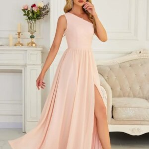 Sleeveless Prom Dresses Women’s One Shoulder Bridesmaid Dresses for Wedding Chiffon Side Split Reched Formal Evening Dress