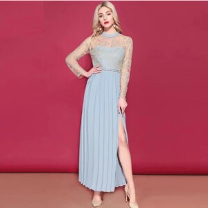 Pretty Mother of the Bride Dresses O-neck Long Sleeves Ankle Length Blue A-line Appliques Illusion Side Split Women Prom Gowns