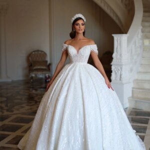 Sexy Off-shoulder Wedding Dress 2025 Charming Lace Bridal Gown Formal Round Neck Sequined Floor-length Gown Customized
