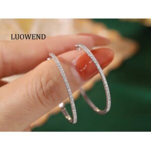 LUOWEND 18K White Gold Earrings Shiny 0.60carat Real Natural Diamond Hoop Earrings for Women Simple Style High Party Jewelry