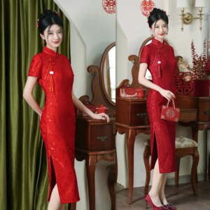 Red Lace Bridal Dress Long Short Sleeve Robe Qi Pao Early Autumn New Retro National Style Get Exam Mother Cheongsam