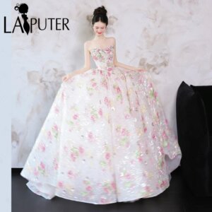 Lovely Girl Puffy White Prom Dresses Red Flowers Sequined Evening Gown Off Shoulder Crytal Neckline Cute Girl Formal Dress