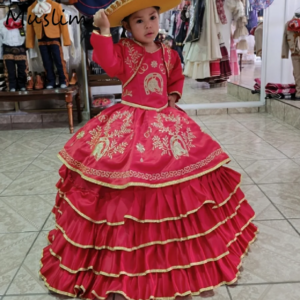 Folklorico Mexican Flower Girls Dress With Jacket Red Vestido Mini Quinceañera Dress Mariachi Pageant Birthday Party Customized