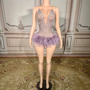 Luxurious Rhinestones Feathers Bodysuit Women Sexy Mesh Transparent Evening Celebrate Birthday Dress Performance Costume