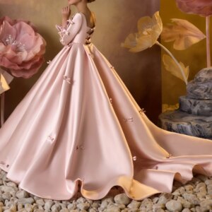NA-FG06 Custom Made Pink Princess Flower Girl Dress Long Sleeve Satin Puffy Skirt Bow Kids Birthday Party Dress First Communion