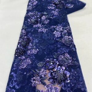 Navy Blue African Net Lace Fabric 2025 High Quality Sequin Embroidery French Beaded Tulle Laces For Wedding Party Dresses W522-1