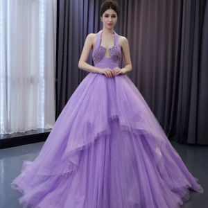 Evening dress in purple till, pleated ball gown with floor