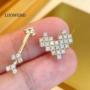 LUOWEND 100% 18K Yellow Gold Earrings Romantic Style AB Design Real Natural Diamond Stud Earrings for Women High Wedding Jewelry