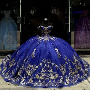 EVLAST Customized Navy Blue Quinceanera Dress Ball Gown Gold Lace Applique Beading Bow Sweet 16 Dress Vestidos De 15 Anos E3Q531