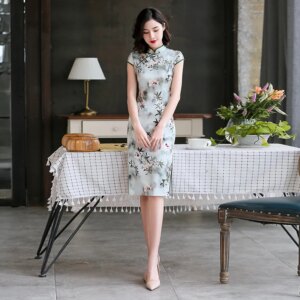 High Quality Real Silk Daily Cheongsam Qipao Women Dress Banquet Vintage Mid