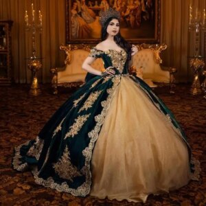 Hunter Green Vestidos De Anos Quinceanera Dress Beads Gold Applique customsized Diamonds Mexi Dress For 15 Year Birthday