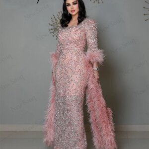 Saudi Arabia Pink Beading Evening Dresses With Floor Length Sleeves Feathers Crystals Birthday Party Cermony Dress Customized