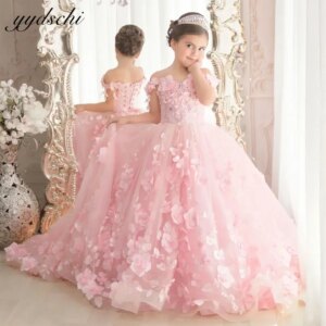 Luxury Pink 3D Floral Appliques Ball Gown Flower Girl Dress 2025 Off Shoulder Princess Birthday Party Kids First Communion Gowns
