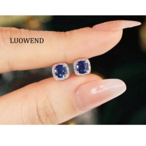 LUOWEND 100% 18K White Gold Earrings Romantic Elegant Style Shiny Diamond Natural Sapphire Earrings for Women Birthday Gift