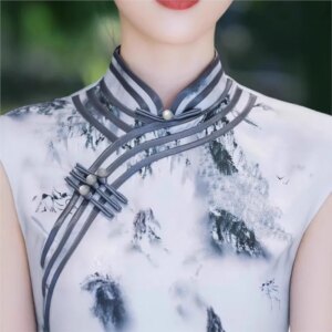 New long improved girl’s cheongsam ink painting elegant daily silk jacquard