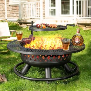 36 Inch Fire Pit with Grill, Wood Burning Fire Pits for OutsideRound Metal Firepit Table 3 in 1 with Cooking GrateBlack