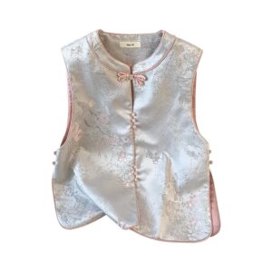 New Chinese style heavy industry embroidery small round neck disc jacquard brocade vest cardigan coat