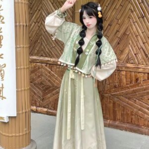 Improved Adult Women’s Han Chinese Clothing Embroidered Cardigan Coat Qi round Neck Pullover Eight Broken Skirt Daily Suit