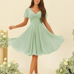 V Neck Short Formal Dress Wedding Party Gowns Women’s Pleated Chiffon Flutter Sleeves Junior Bridesmaid Dresses with Pockets