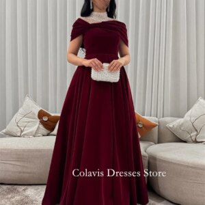OIMG Dubai Mordern High Pearls Neck Burgundy Customized Prom Dresses Evening Dress Velvet Women Evening Gowns Formal Party Dress