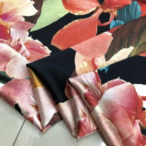 High Quality Silk Fabric 40momme Thickened Satin Inkjet Printing Flower Cheongsam Formal Dress