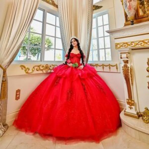 Customized Shiny Red Off Shoulder Quinceanera Dres Tull sequin applique Lace Beadwork vestidos de 15 Quinceanera 