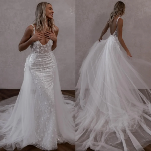 Vintage Mermaid Wedding Dress Luxury Tulle Applique Sexy Backless Deep V-Neck With Detachable Hemline Bridal Dress Customized