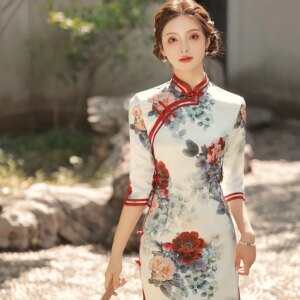 Improved New Cheongsam Autumn Women’s Three-Quarter Sleeve Elegant Warlord Lady Dress Long Traditional