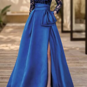 Sheath Prom Gowns High Split Formal Evening Dresses Sweep Train 3/4 Length Sleeve Off Shoulder Bow Sequins