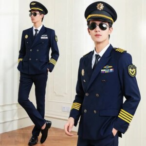 Airline Officer Captain Uniform Hat Jacket Pants Accessories Turn Down Collar Aviation Pilot Navy Blue Double Breasted Work Wear