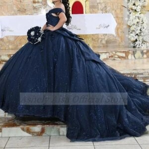 Customized Dark Navy Prom Dresses Women Cap Sleeve Floral Lace Up Ball Skirt Vestido De 15 Quinceanera 16 Birthday Party Gown